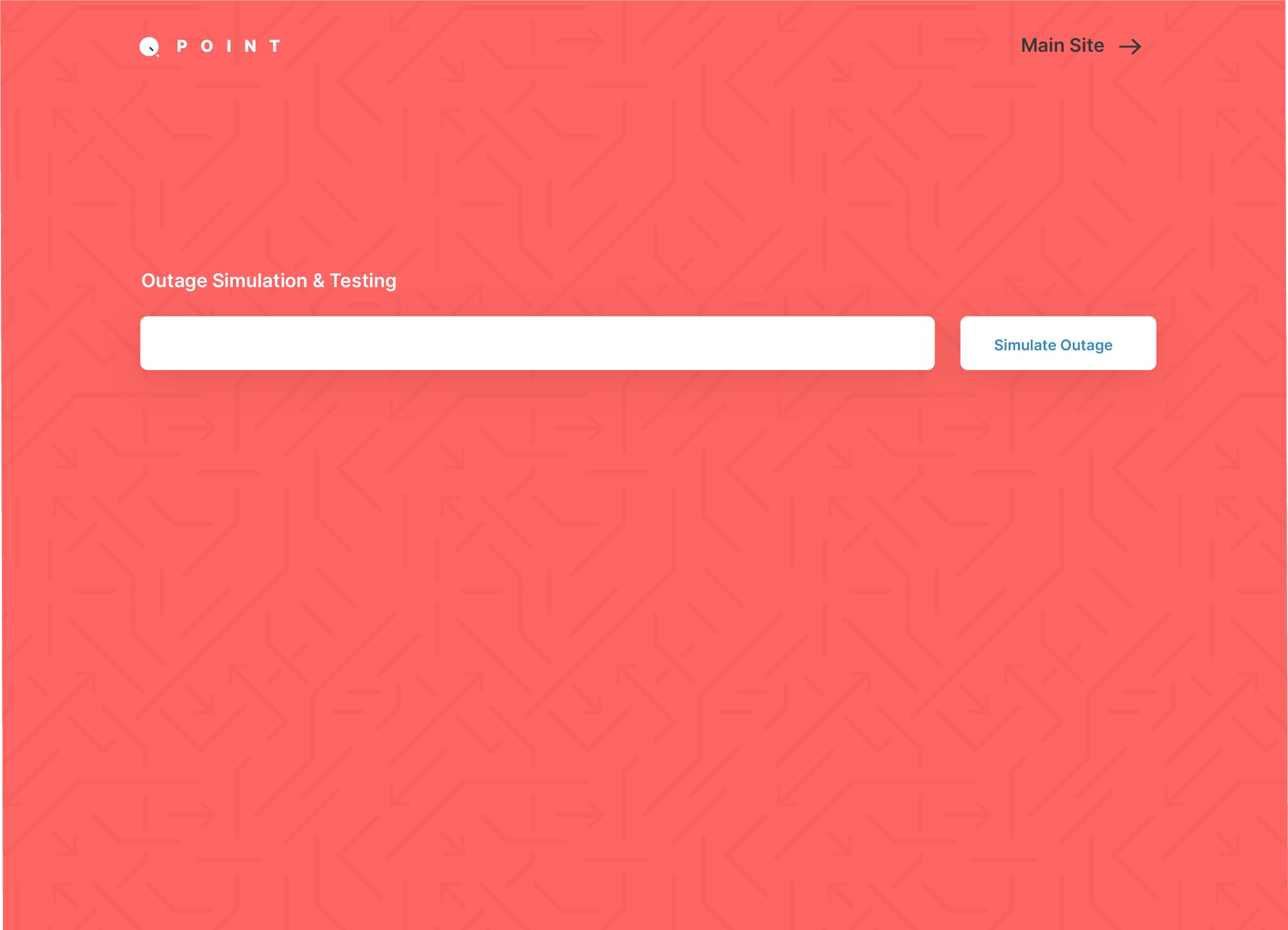 Coral-themed outage simulation page with 'Outage Simulation & Testing' header, geometric circuit-board background pattern, and 'Simulate Outage' button.