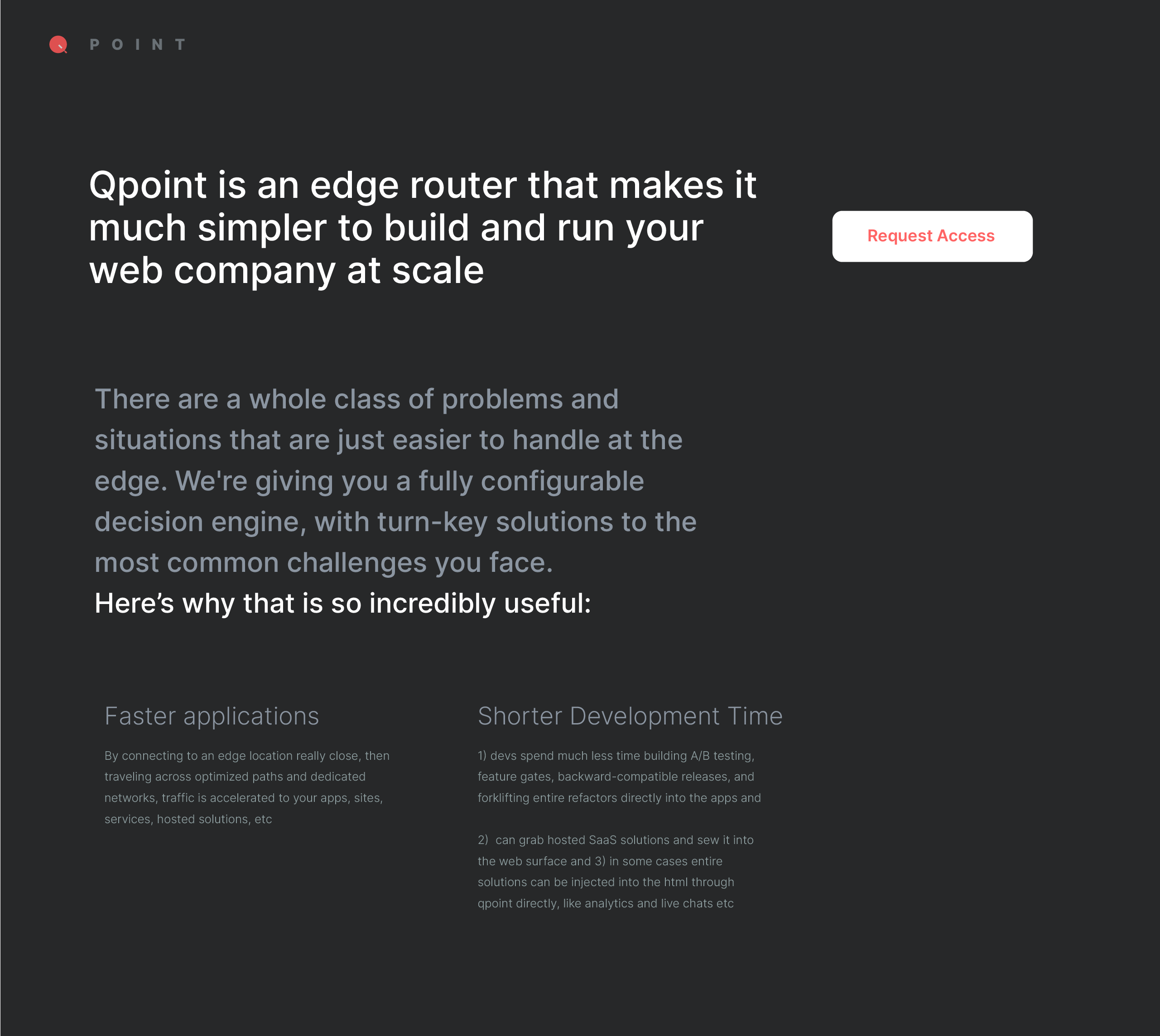 Full dark-themed marketing site with 'Intelligence at the edge' headline, request flow diagram, edge acceleration section listing Cloudflare/Fastly/AWS, and path stewardship UI.