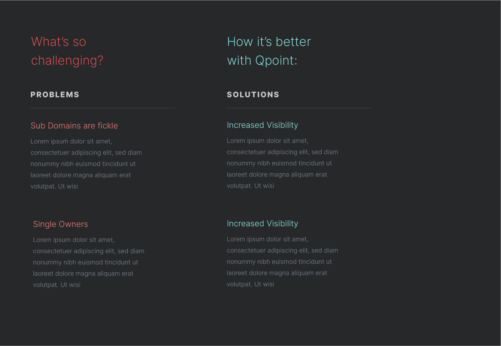Dark-themed problems-vs-solutions page layout with teal and coral section headers comparing challenges with Qpoint benefits.