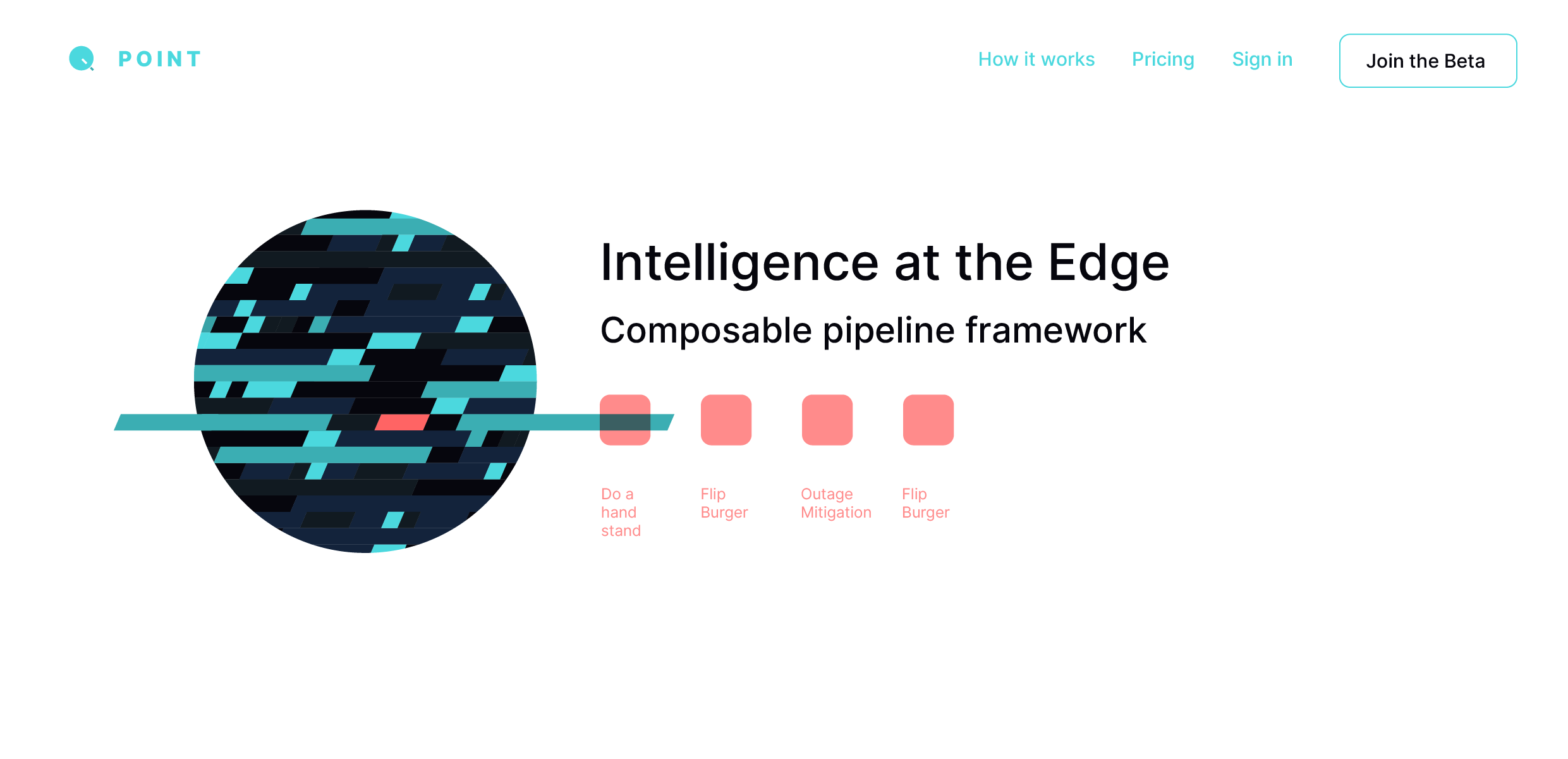 Split-layout marketing site with abstract blue-cyan globe graphic on the left and 'Intelligence at the Edge' headline on coral background.