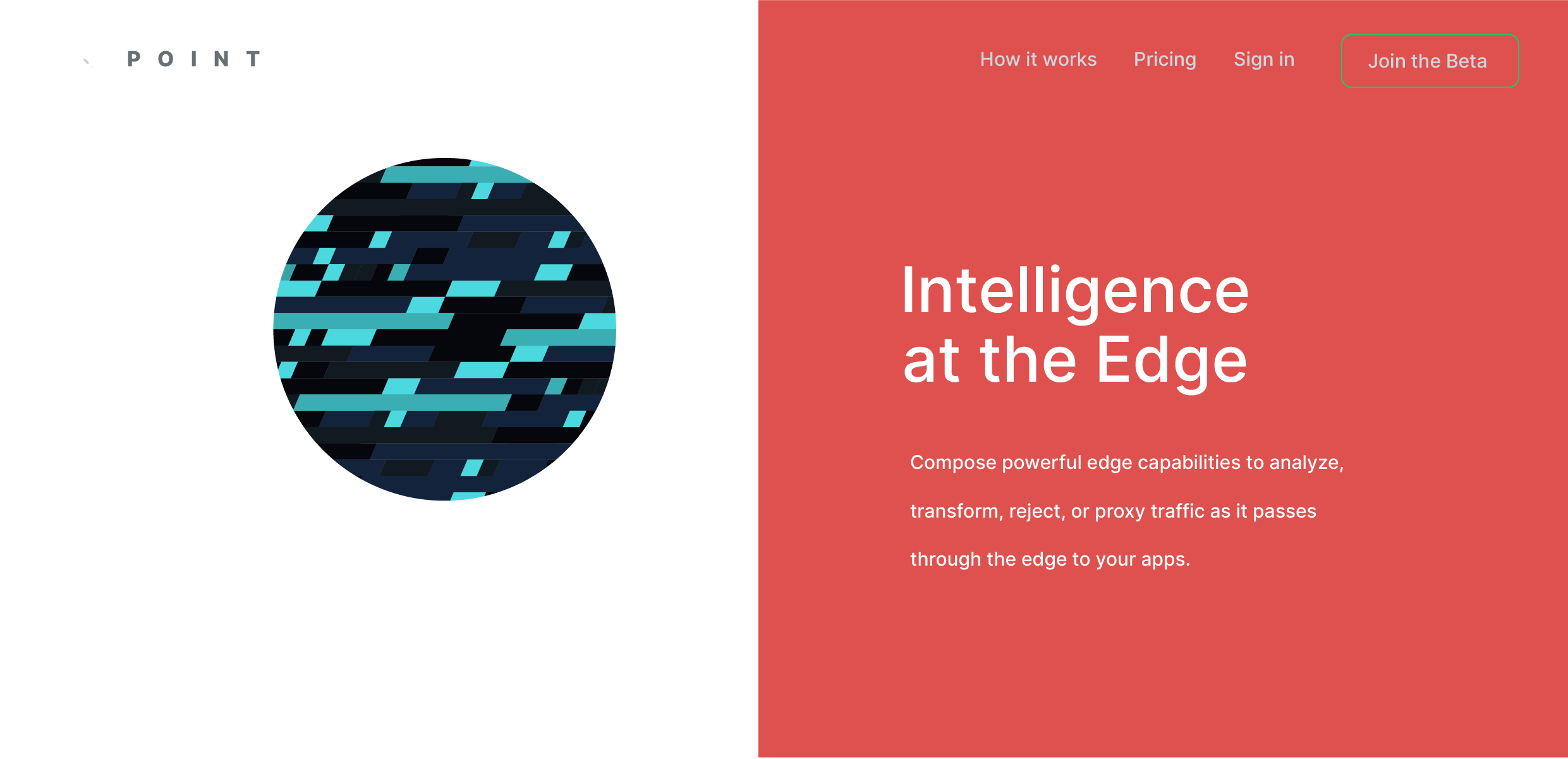 Split-layout marketing site with abstract blue-cyan globe graphic on the left and 'Intelligence at the Edge' headline on coral background.