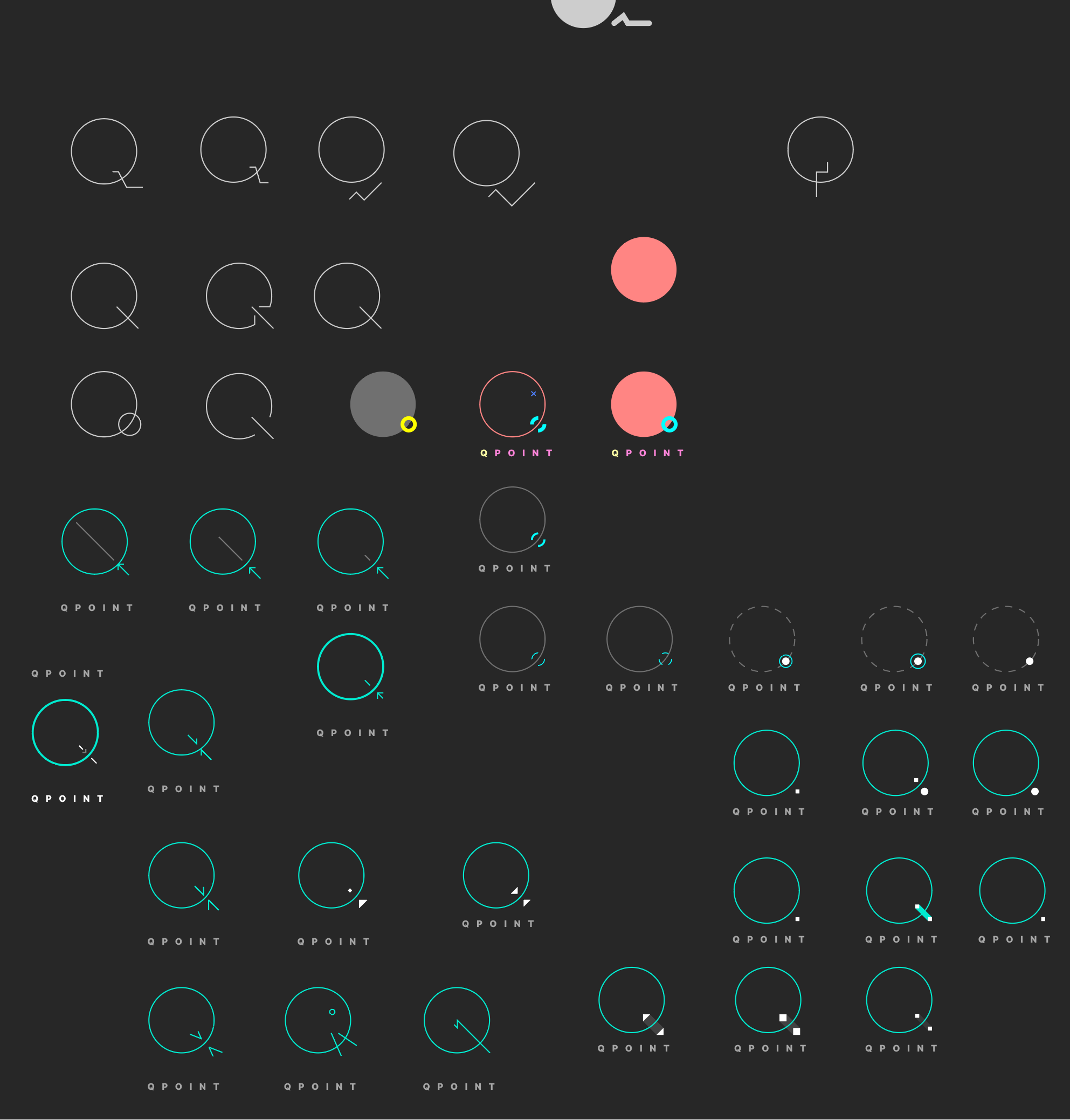 Grid of Q-mark logo variations on a dark background — exploring circular forms, cursor-dot accents, and teal-green color treatments.