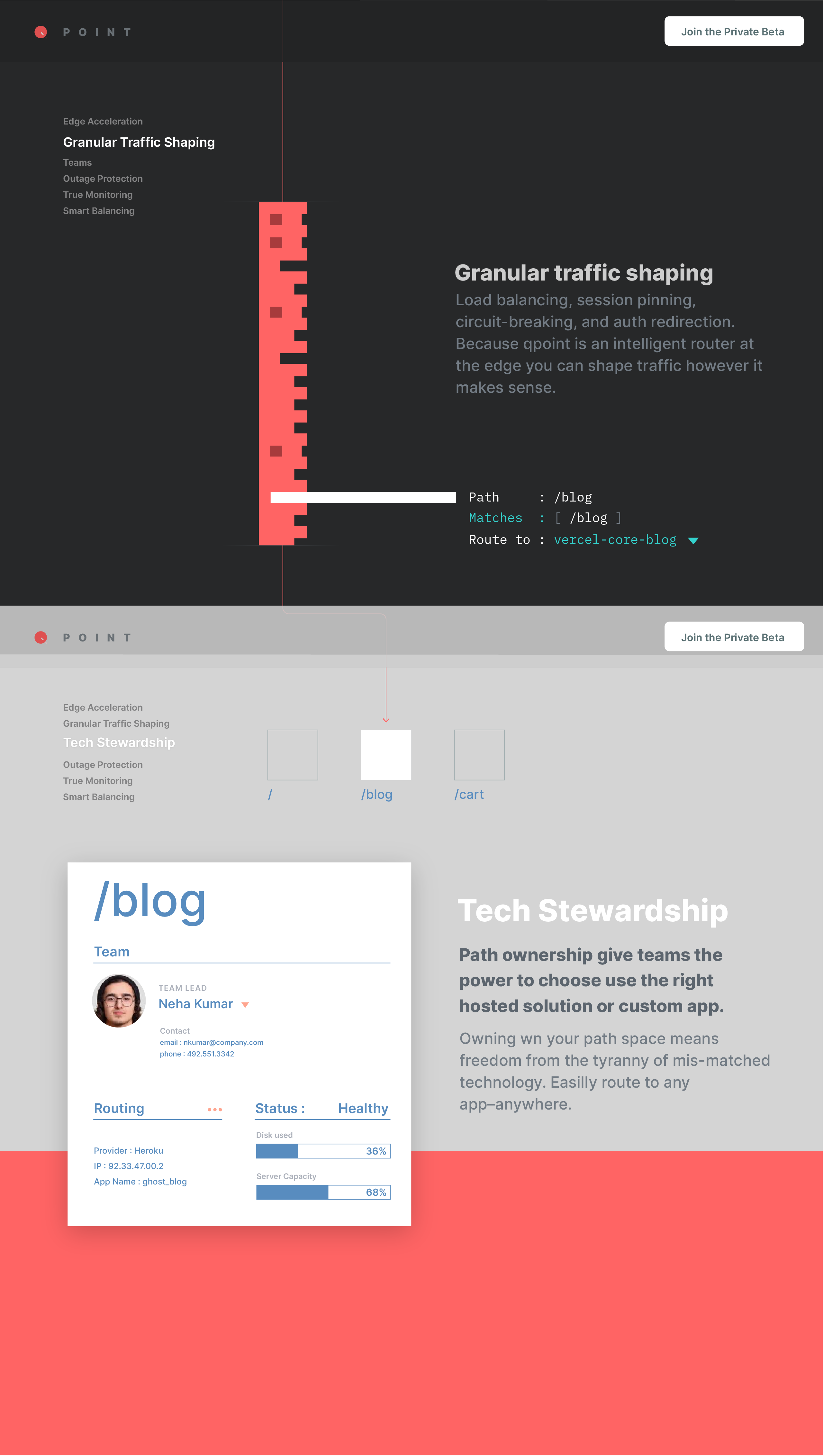 Dark-themed pitch page layout showing granular traffic shaping, tech stewardship sections, and a path routing UI with team ownership details.