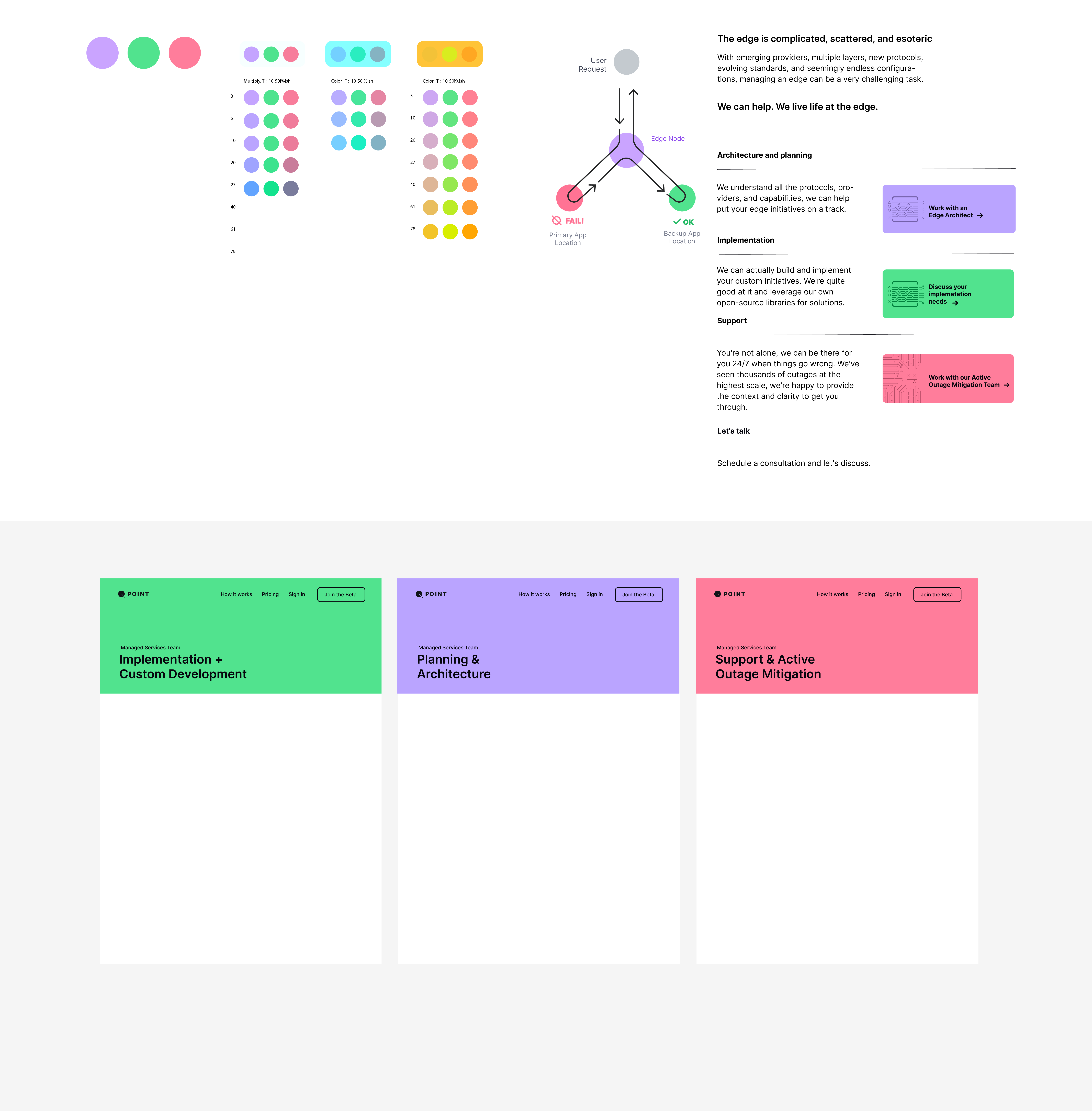 Color theme exploration for Qpoint managed services page, testing palette variations across layout sections.