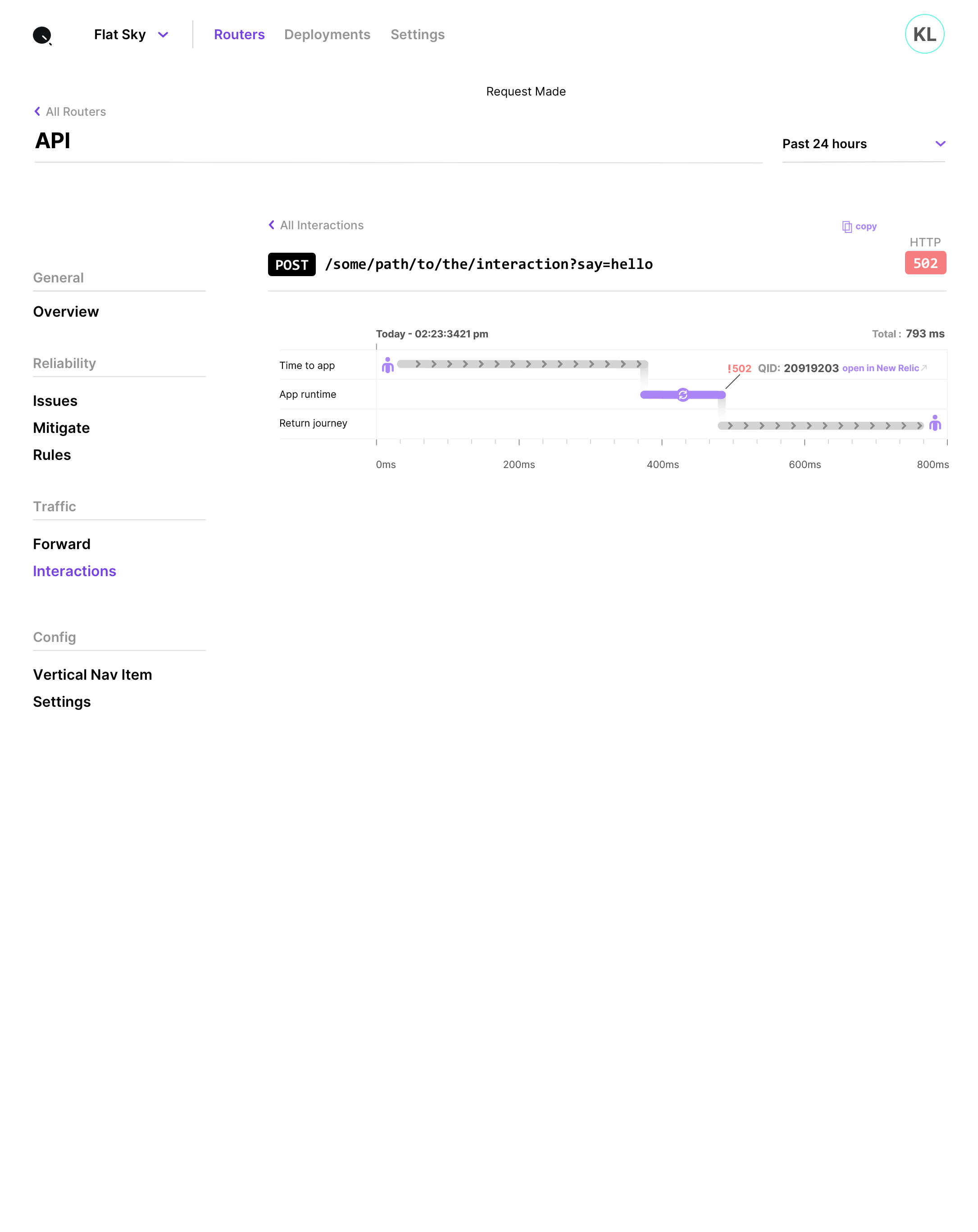 Interaction detail view showing HTTP request/response data, error context, screenshots, and browser session recordings.