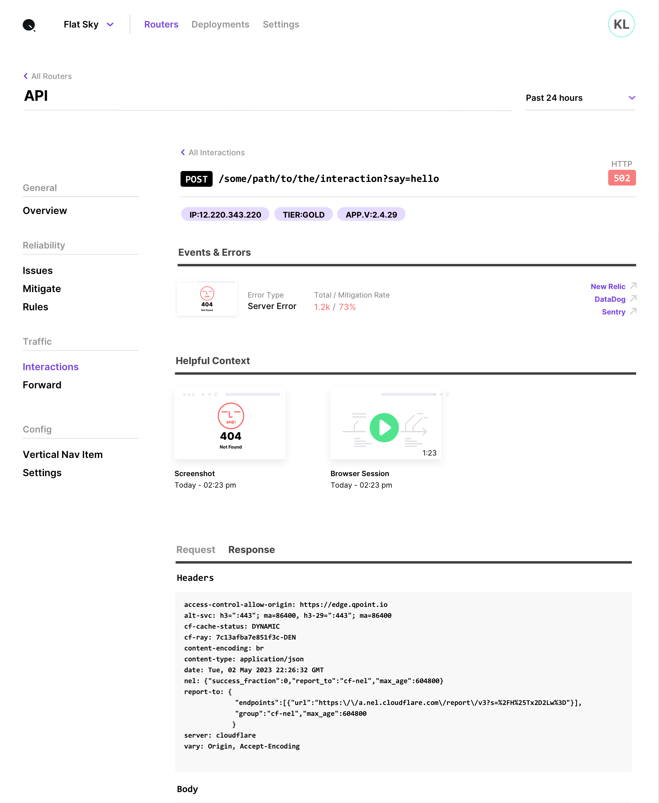 Interaction detail view showing HTTP request/response data, error context, screenshots, and browser session recordings.
