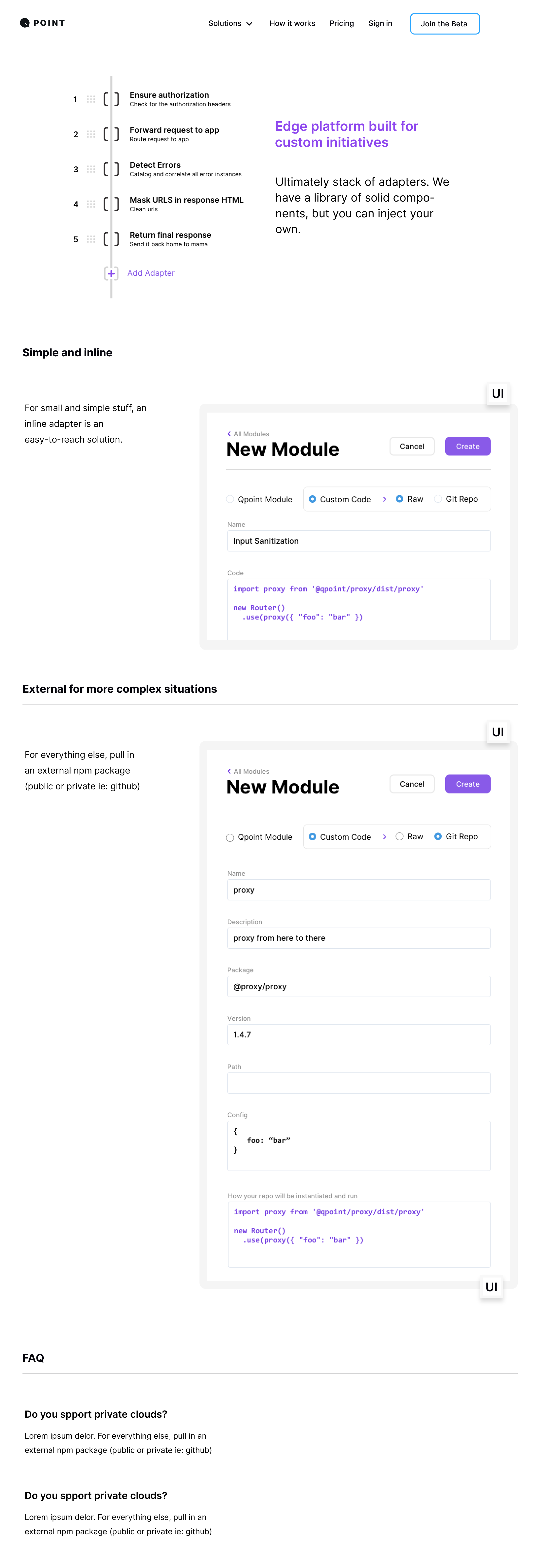 Feature section design for Qpoint homepage v1.6, showcasing edge module capabilities.