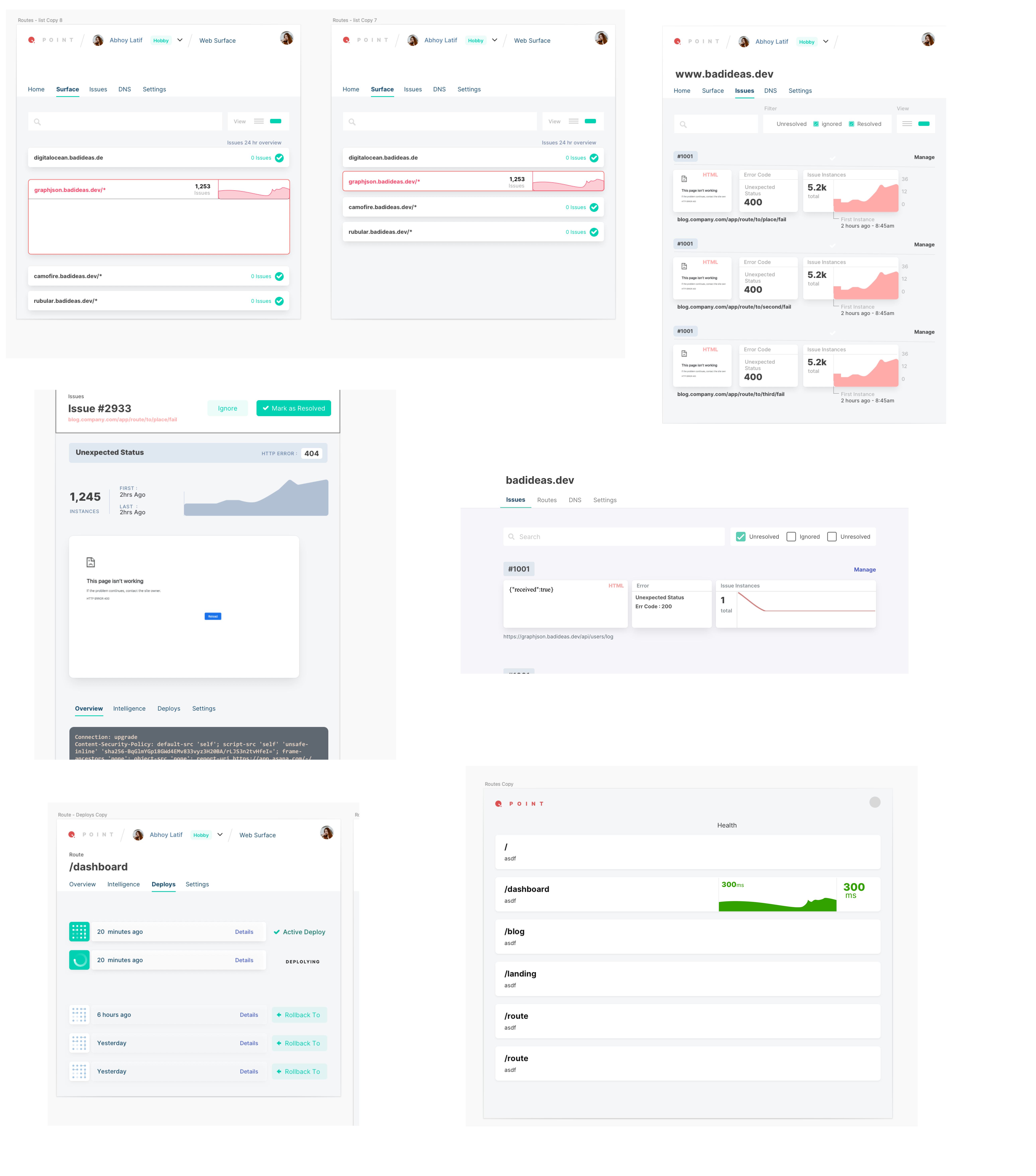 Collage of early product UI explorations — surface views, issue details, route dashboards, deploy history, and health indicators.