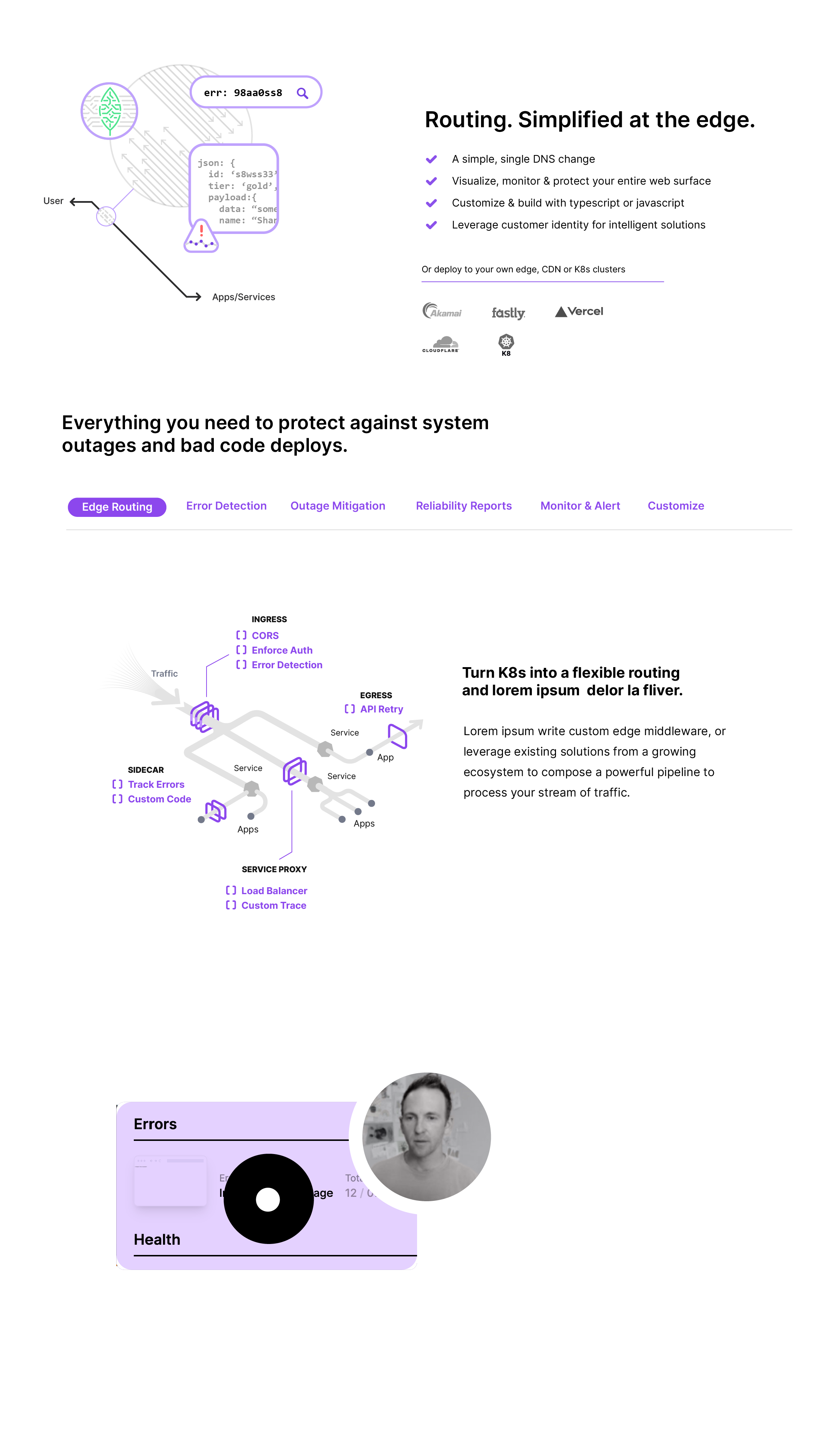Marketing site homepage comp with five feature section variations, dark theme on purple background.