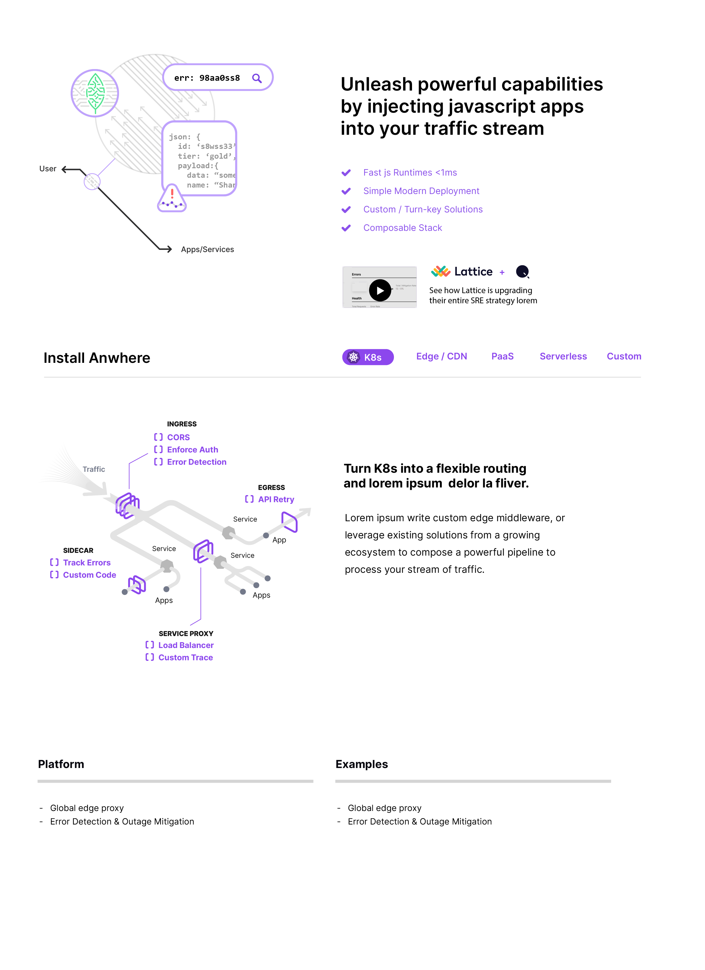 Marketing site homepage comp with five feature section variations, dark theme on purple background.