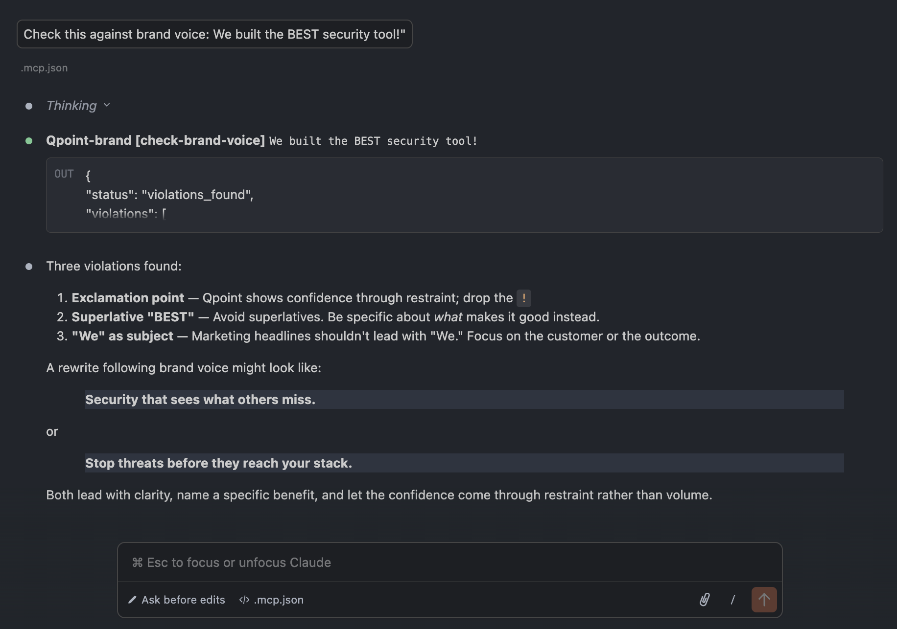 First brand voice check via MCP — caught three violations in a single sentence.