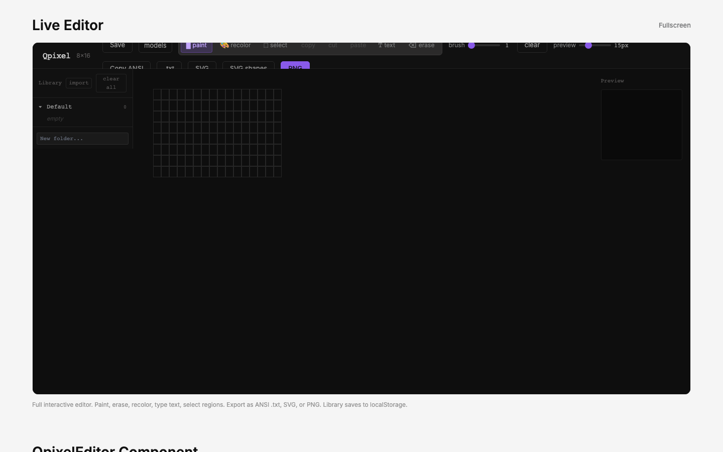 The qpixel block-art editor running live inside the design site.