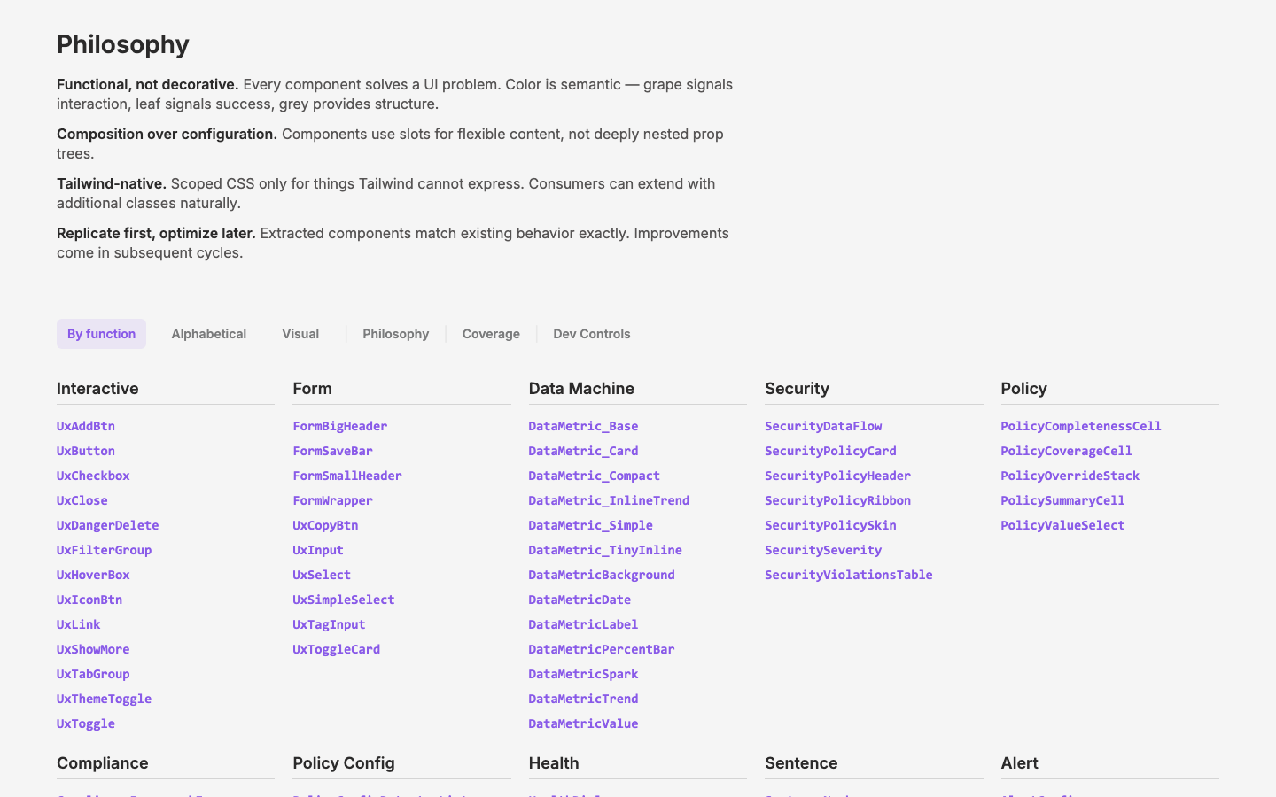 The components index after c48 — the design site rendering entirely from q-nuxt-layer primitives.