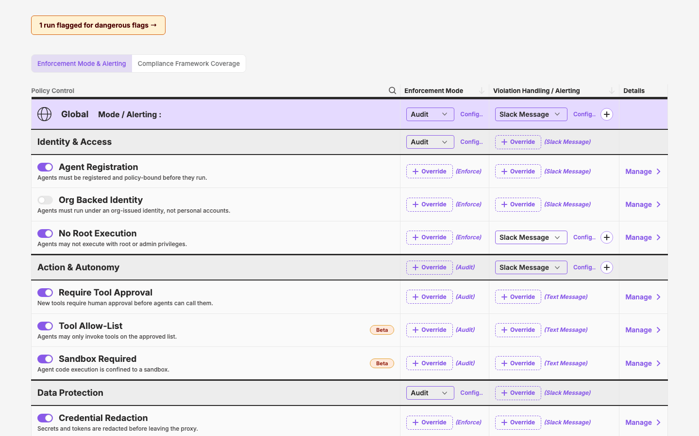 The v2 policy enforcement mock — tabbed policy-control table with custom cell components.