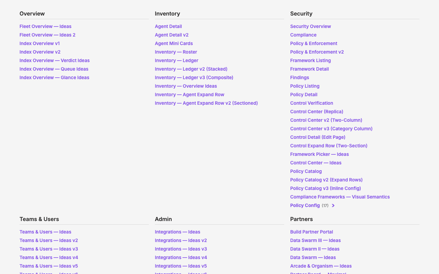 The /pages index — 90 registered mock routes, the trail the c69 retro audited.