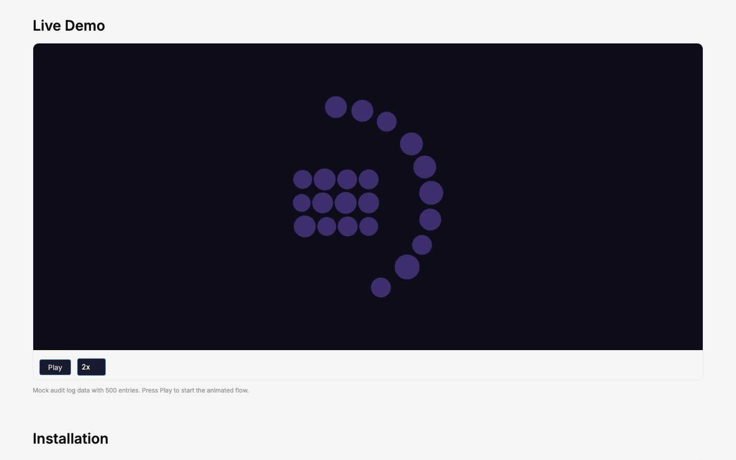 Qflow's animated traffic canvas — grid sources, arc destinations, pulse lines in flight.