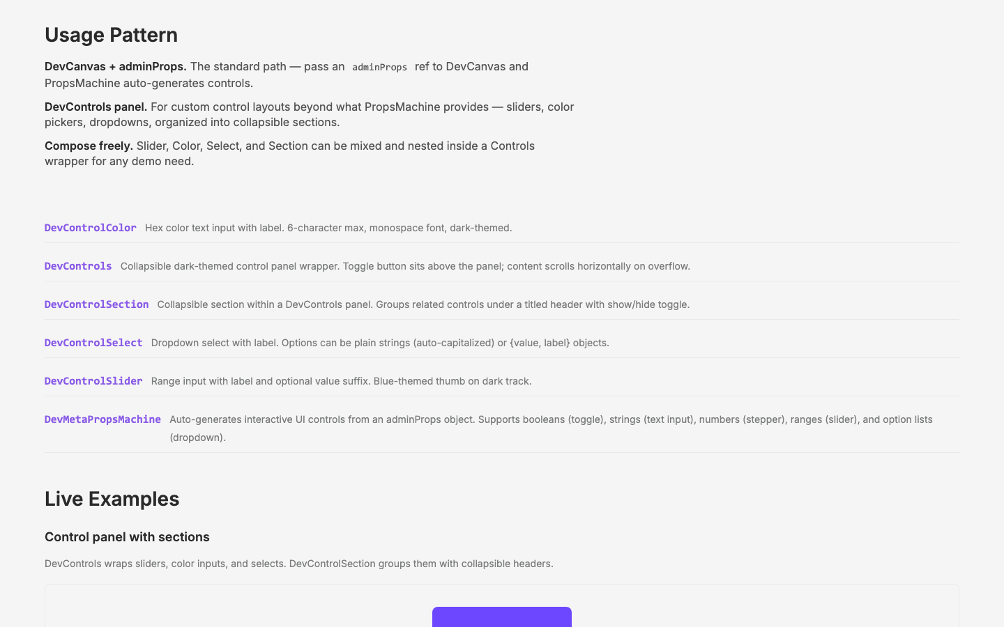 The dev-controls demo page — the admin-prop control components that power every demo.