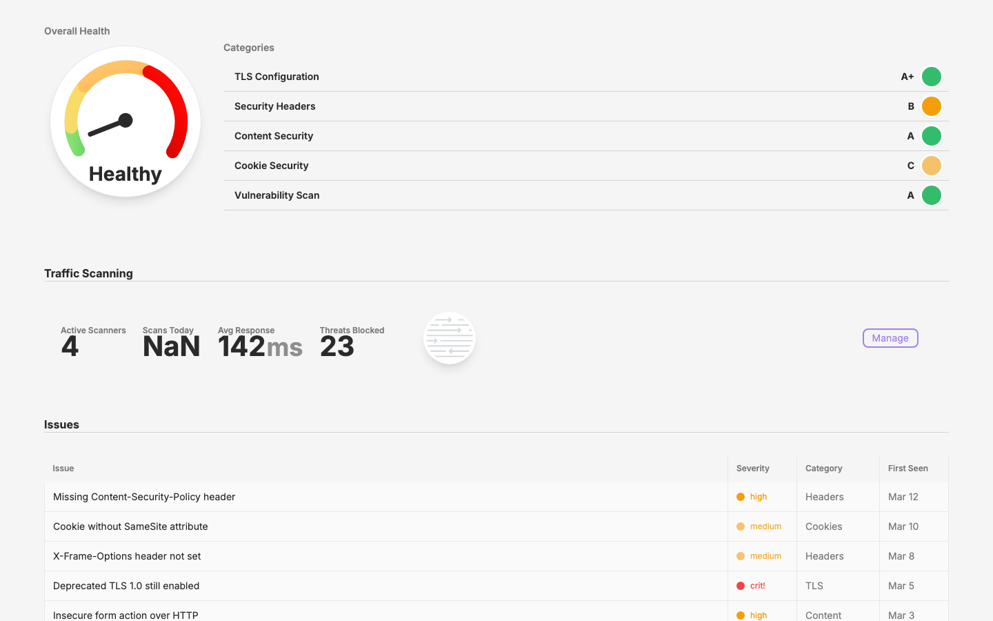 /pages/security-overview — the first page-level mock, built from layer components only.