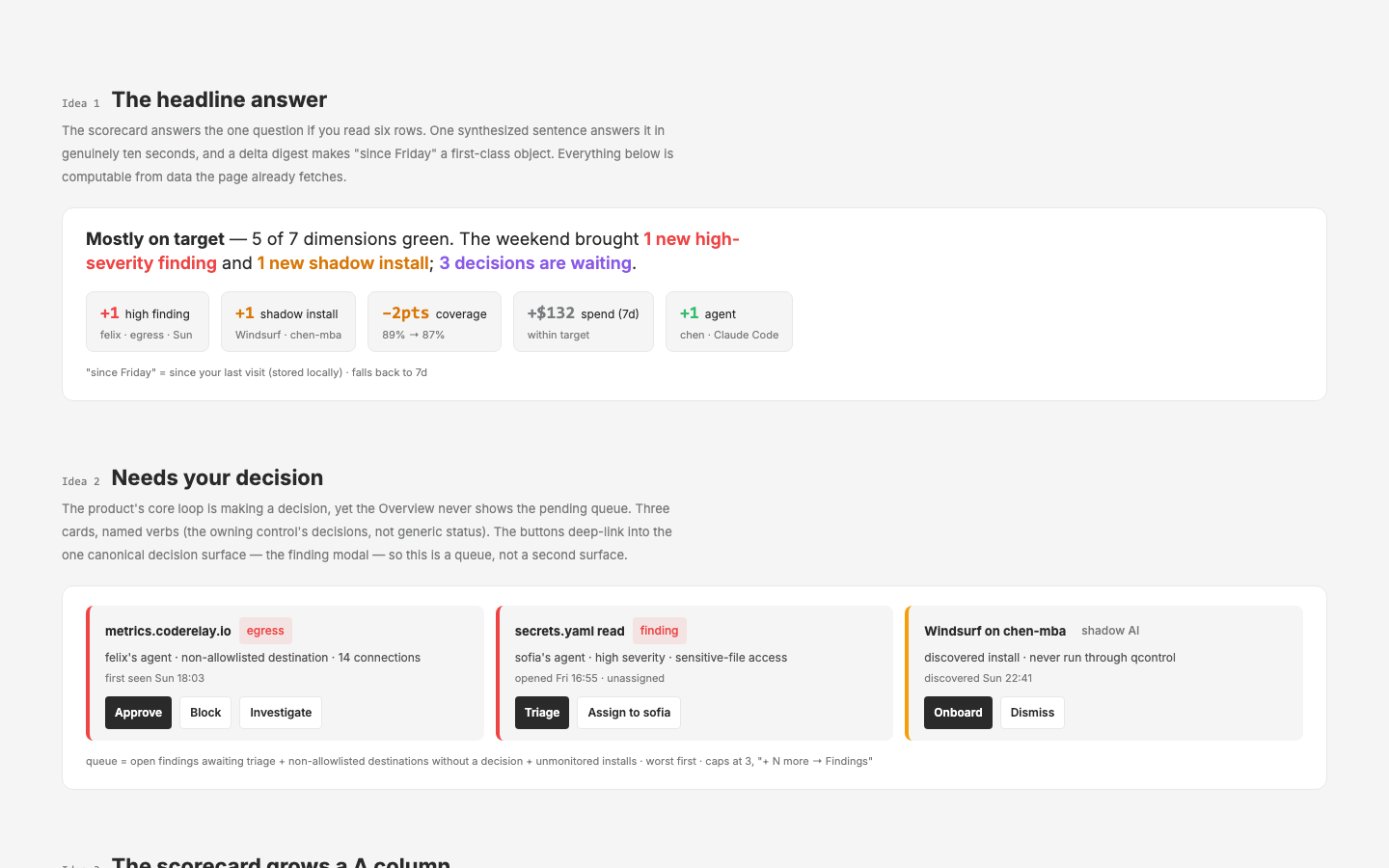 Five design-pass concepts — headline verdict, decision queue, Δ-column scorecard, activity timeline, adoption strip