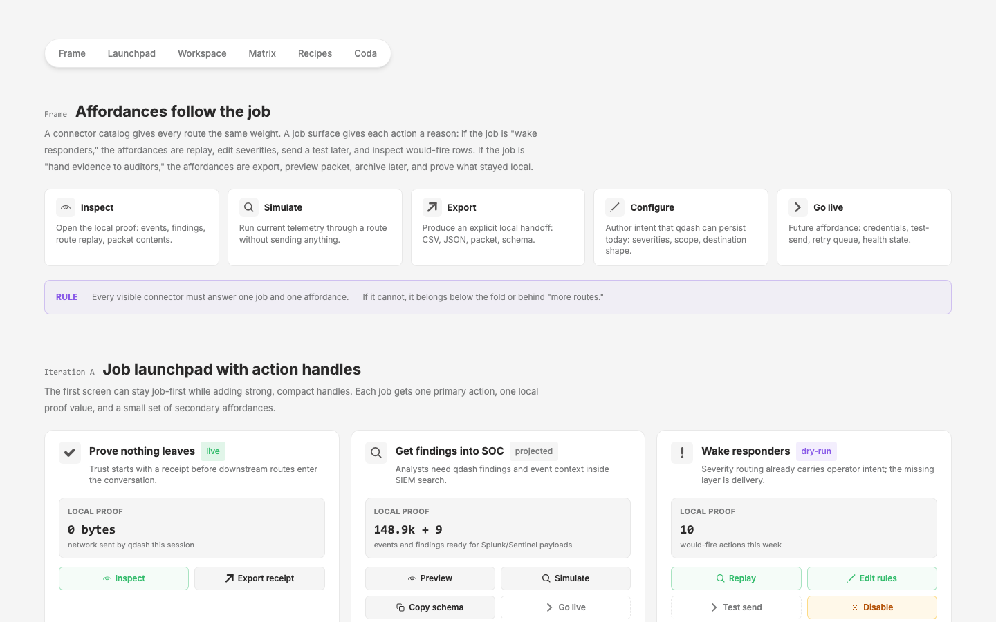 v4 — affordance pass: jobs-first launchpad, SOC job workspace, affordance matrix, outcome recipes