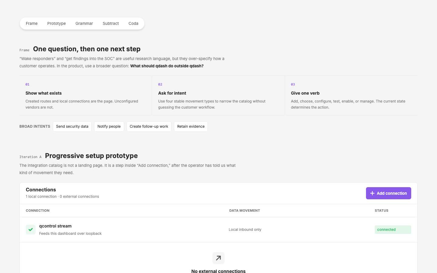 v5 — simplified setup: broad routing intents, connection-first empty state, progressive destination setup, one affordance per state