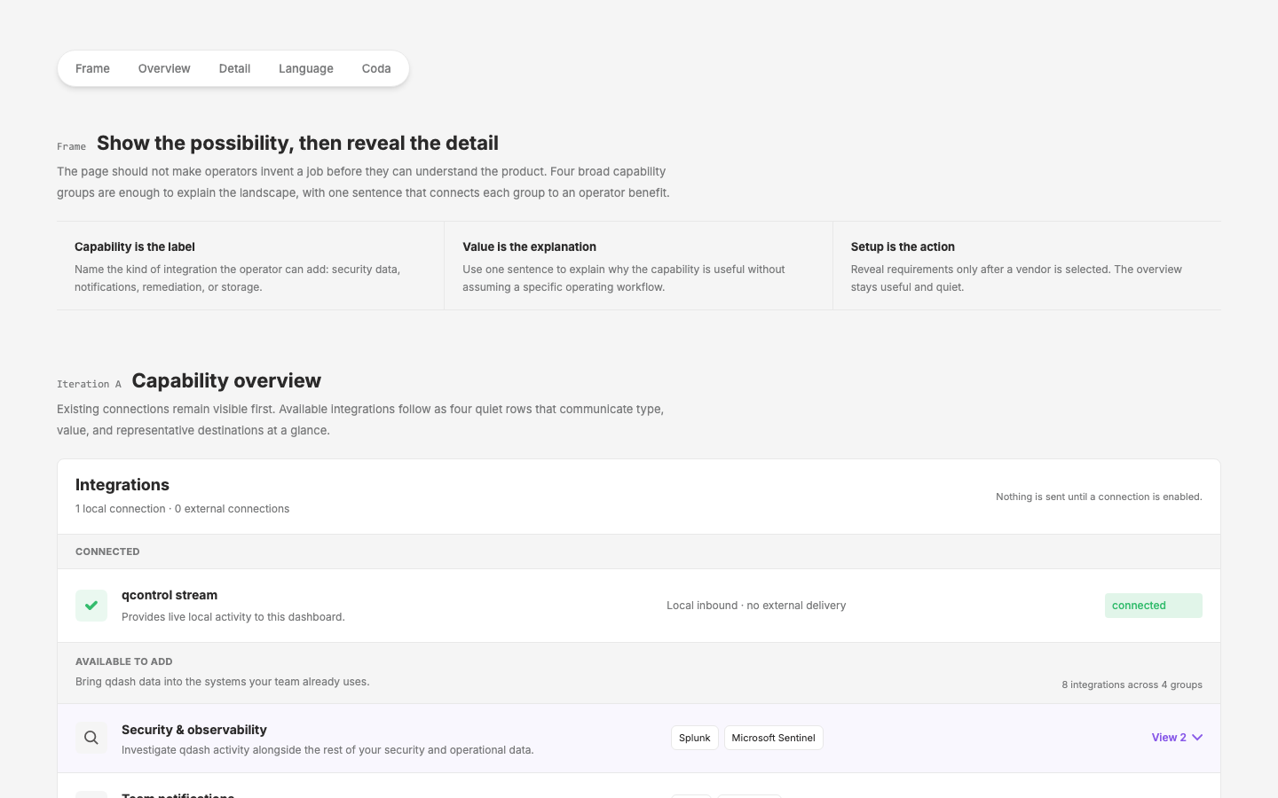 v6 — capability-first: scannable integration groups, representative destinations, concise value copy, setup one level down