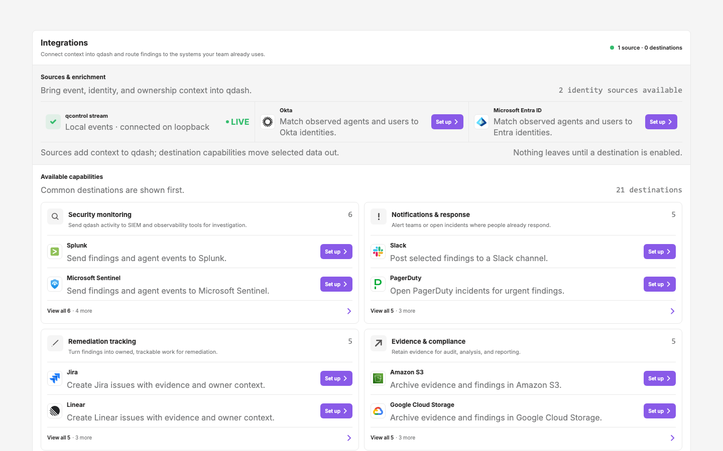 v9 — scalable capability cards: two common choices per card, category browse + search, request path, one-modal setup