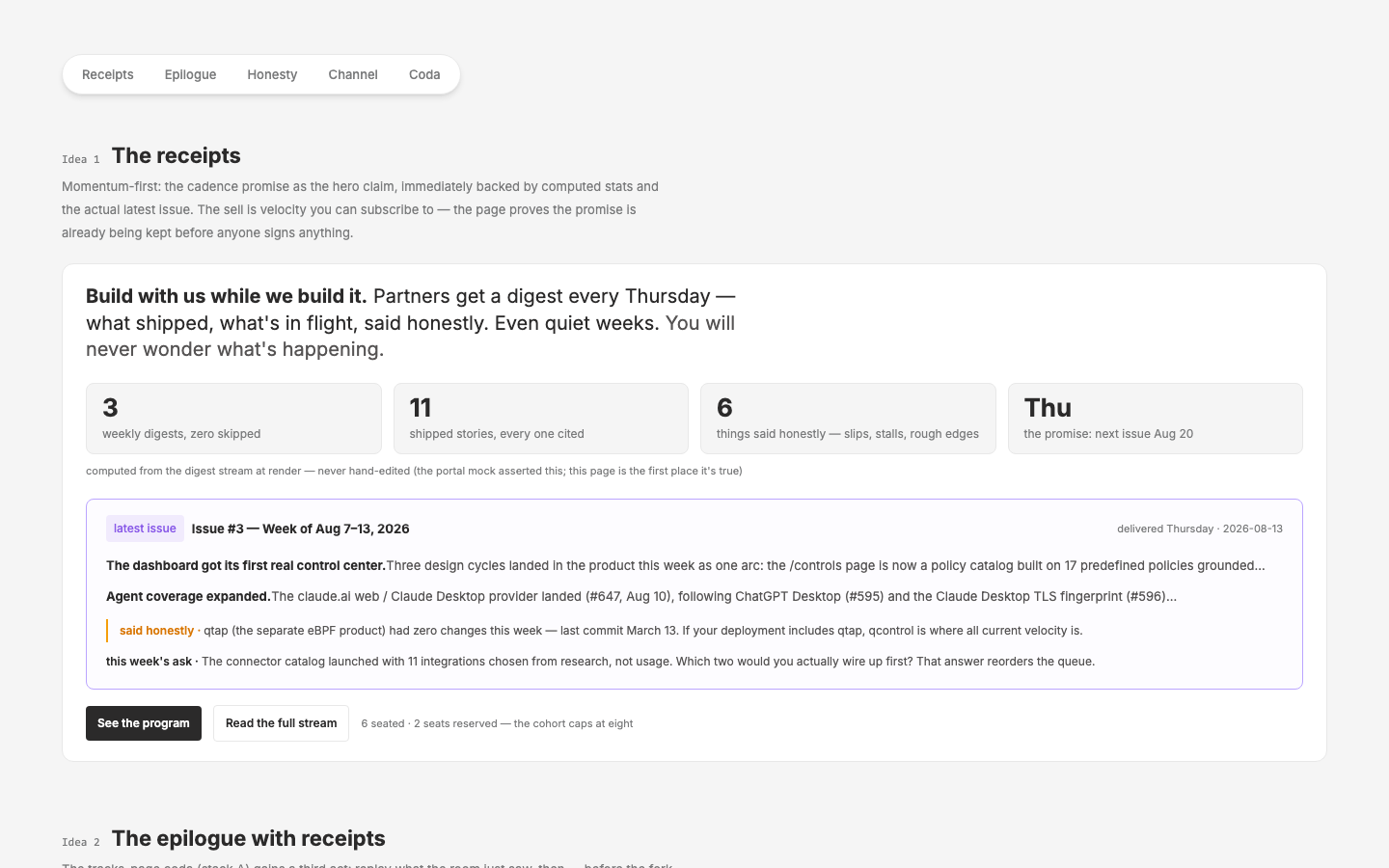 Four sell-page concepts fed by the live digest stream — the receipts, epilogue with receipts, said honestly, the channel
