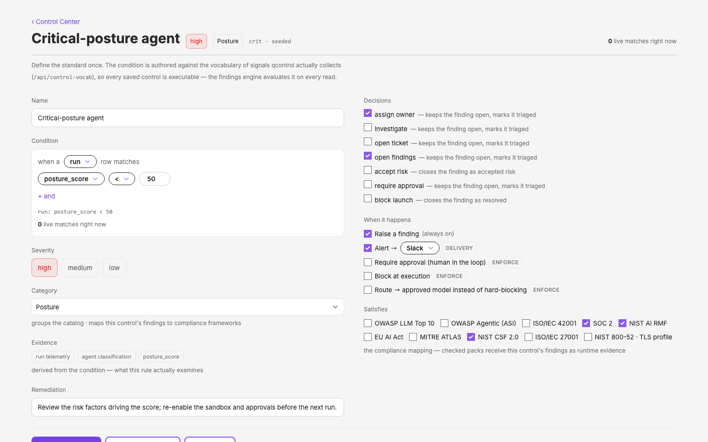c64 — the GovernSheet edit modal promoted to a full page: context header, two-column definition/response split, condition sentence, decisions, projected enforce marks, pack mapping