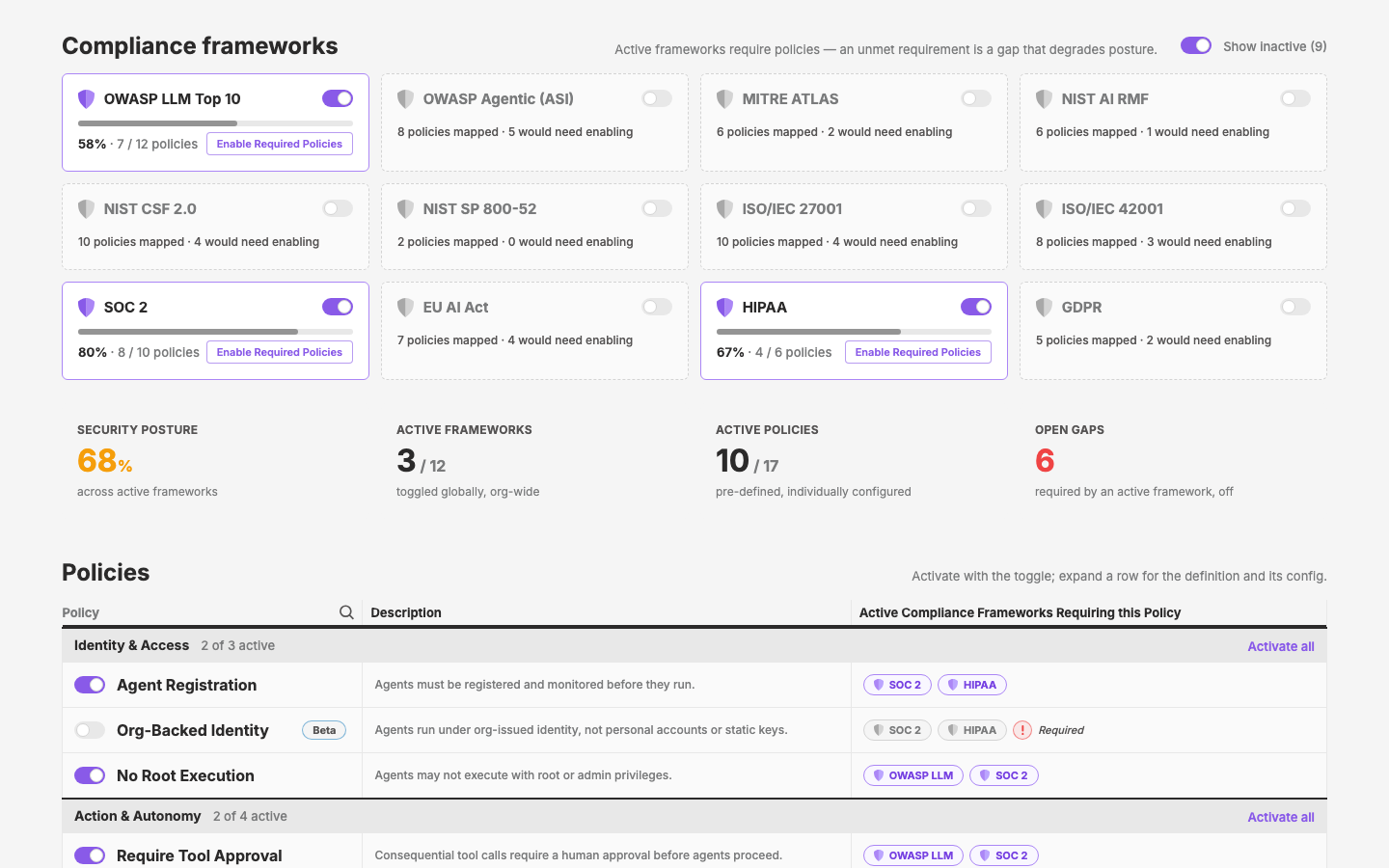 c65 iteration — Config column dropped; policy rows expand (UxTableListExpandRow) to the underlying rule, full framework mapping with inactive dimmed, severity/remediation, and the config-page link