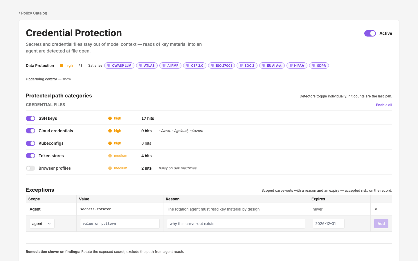 Policy Config — Credential Protection — c65 P8 — detector-list shape, sensitive-path categories with severity + 24h opens
