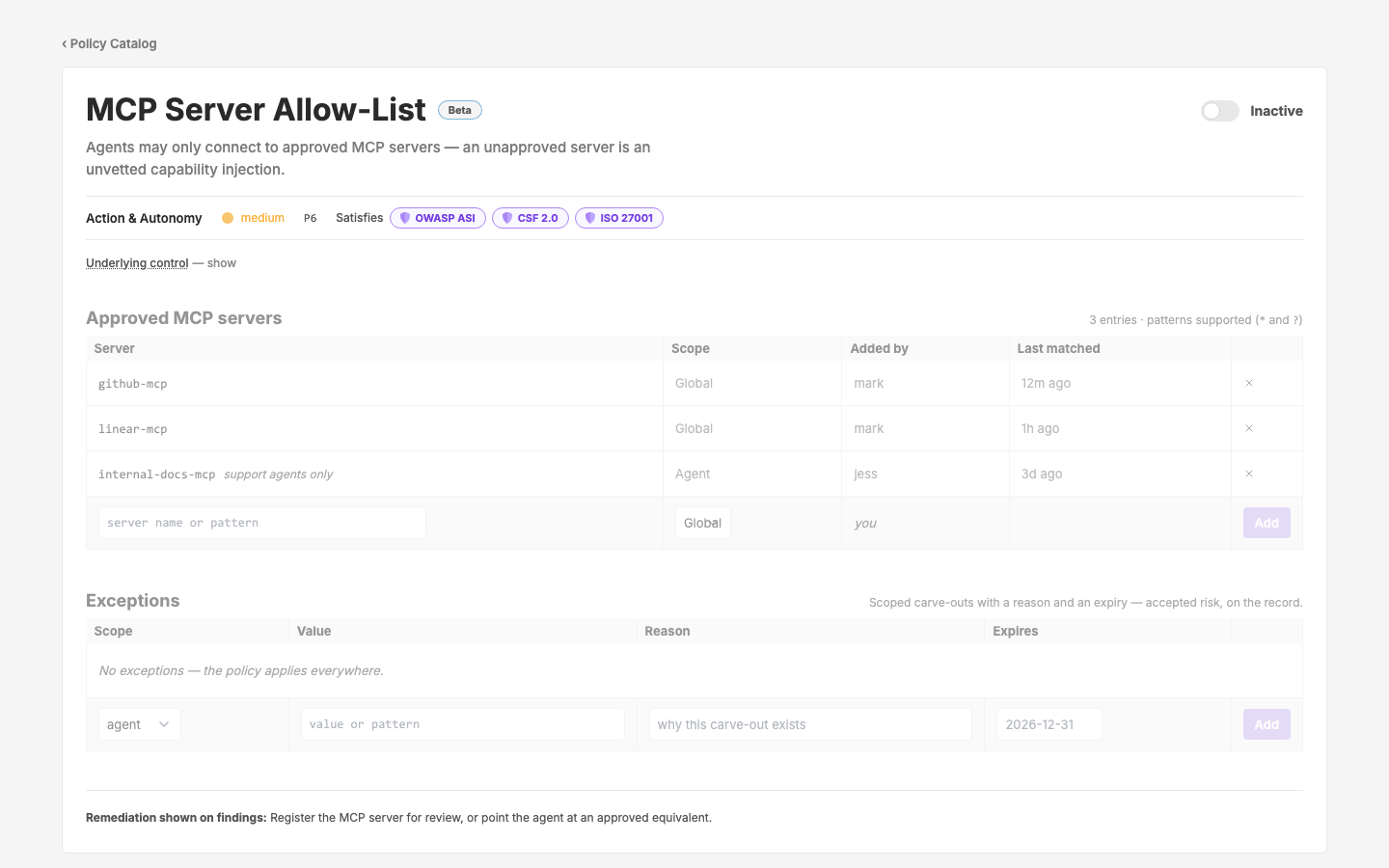 Policy Config — MCP Server Allow-List — c65 P6 — list-editor shape, approved MCP servers (the tool-supply-chain control)