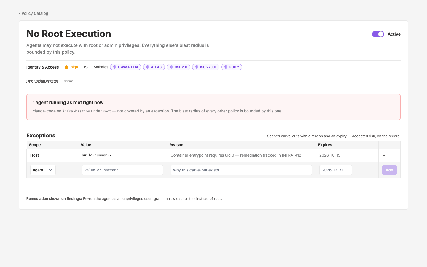 Policy Config — No Root Execution — c65 P3 — toggle + exceptions shape, live privileged-run status