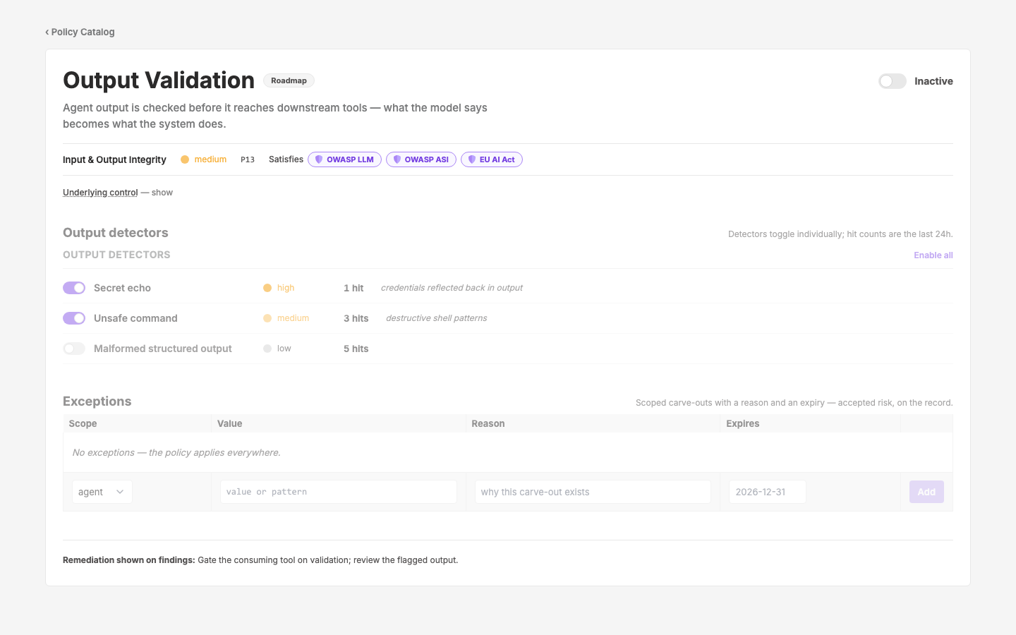 Policy Config — Output Validation — c65 P13 — detector-list shape, output detectors before downstream tools act