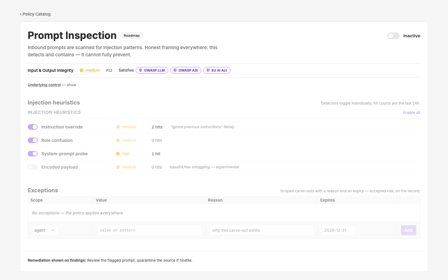 Policy Config — Prompt Inspection — c65 P12 — detector-list shape, injection heuristics (detect & contain, honest-partial)