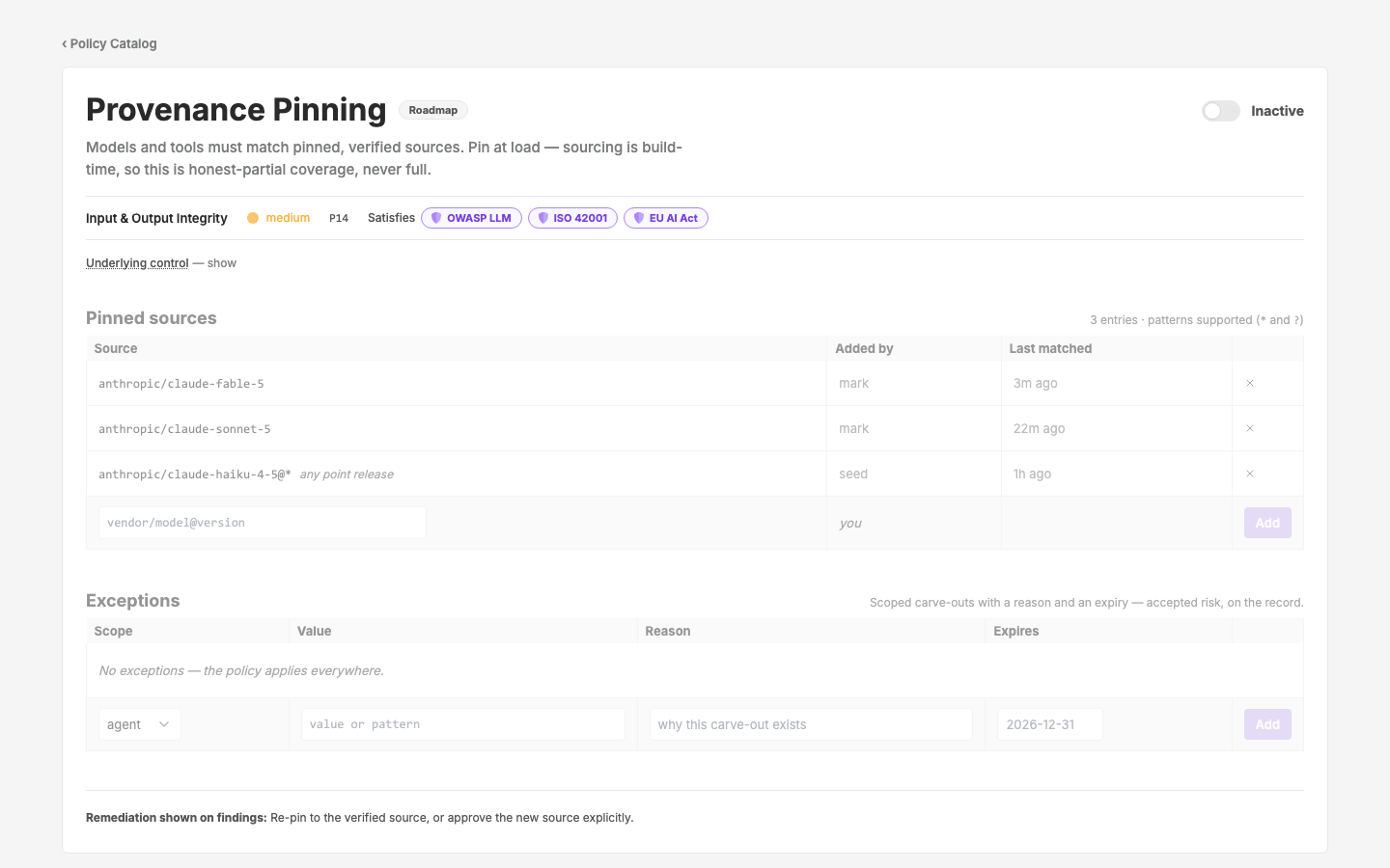 Policy Config — Provenance Pinning — c65 P14 — list-editor shape, pinned model/tool sources (pin-at-load, honest-partial)