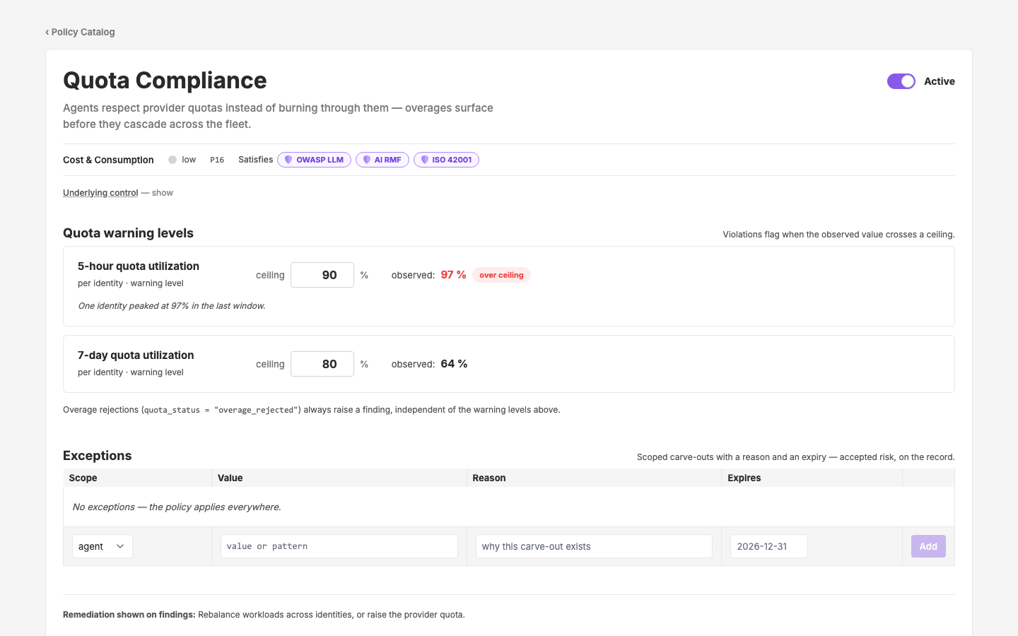 Policy Config — Quota Compliance — c65 P16 — threshold shape, quota warning levels; overage rejections always flag