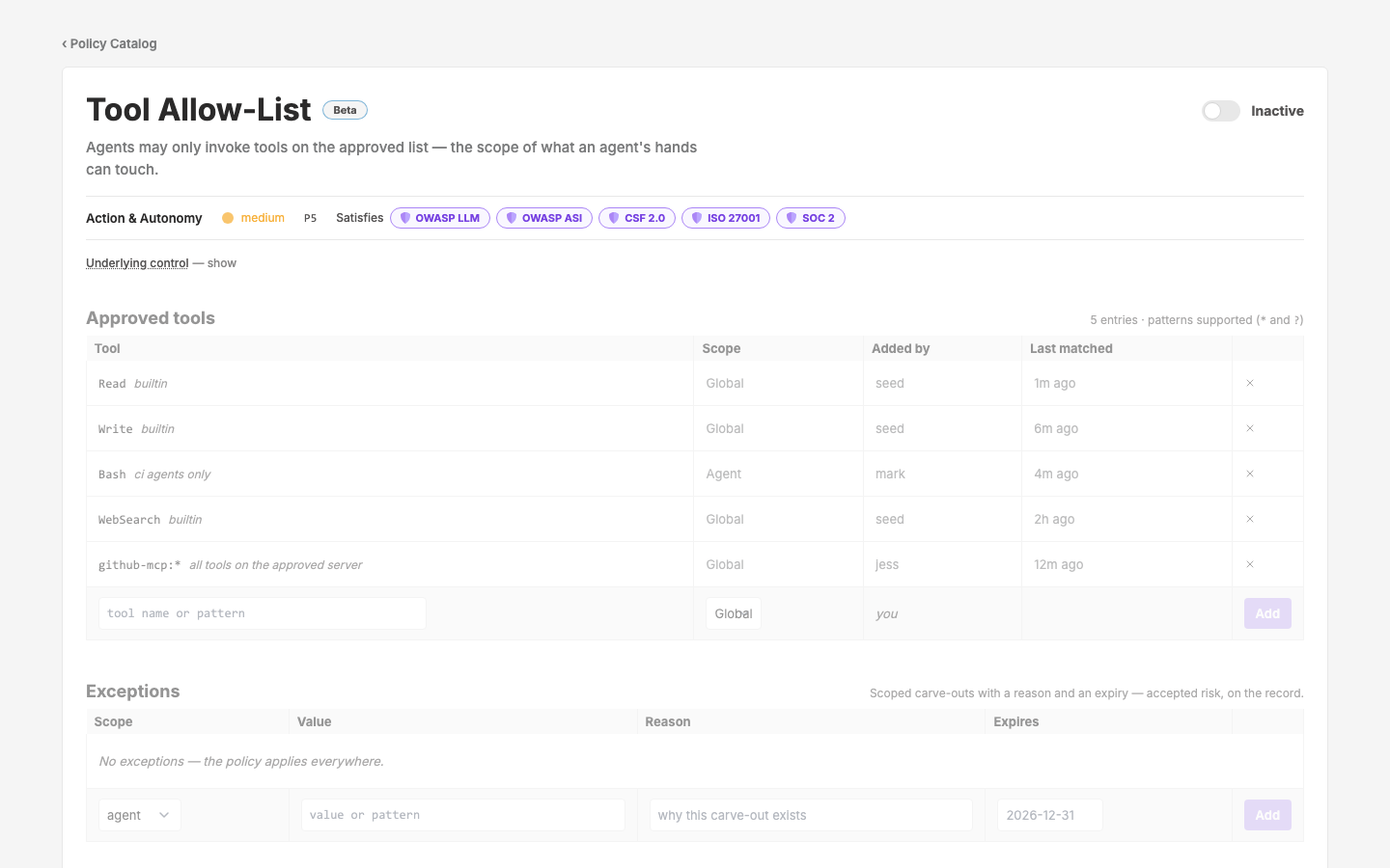 Policy Config — Tool Allow-List — c65 P5 — list-editor shape, approved tools with glob patterns and global/agent scope